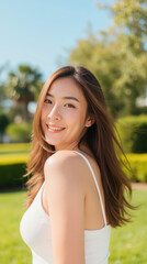 Naklejka premium young woman smiling in sunny park, with flowing hair and bright expression