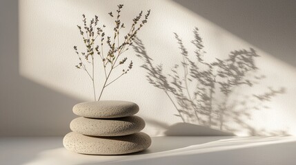 Serene Stone Trio with Delicate Branch and Soft Shadow Play