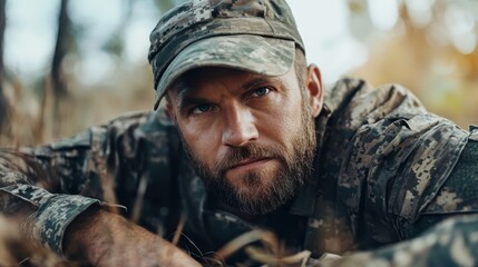 A soldier in military attire displays a steely resolve while laying among grasses, symbolizing strength and resilience in a natural, rugged setting.