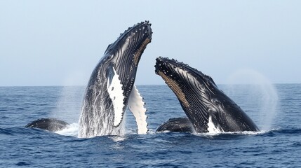 Fototapeta premium Majestic Humpback Whales Breaching in Crystal Clear Ocean Waters