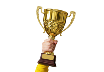 A golden trophy held up by a hand in a yellow sleeve, isolated on a white background