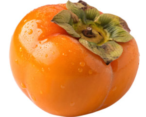 A bright orange persimmon with a smooth, glossy skin and a fresh, sweet appearance. The fruit is isolated on a transparent background. Ultra-detailed, 16K quality. AI Generative