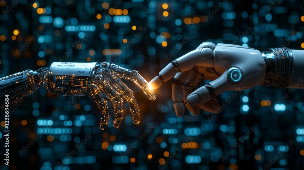 Poster a human hand and a robotic hand reach towards each other, creating a glowing connection