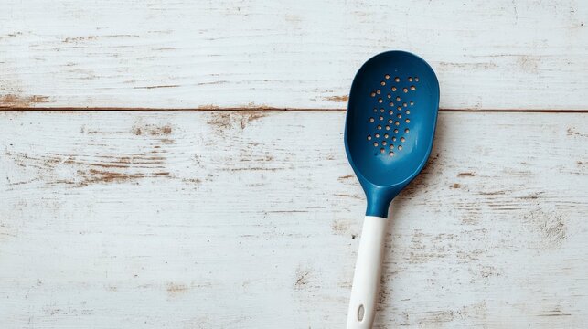 Blue Kitchen Slotted Spoon on Rustic Wooden Surface Background