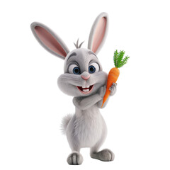 Cute cartoon bunny smiling and holding a carrot with vibrant green leaves and pink ears