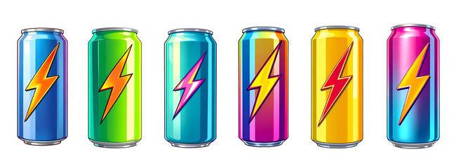 Set of energy drink cans isolated on transparent background 