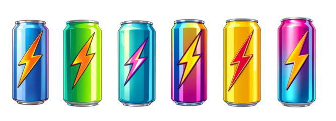 Set of energy drink cans isolated on transparent background 