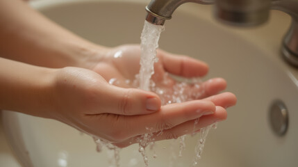 Washing hands under running water in sink, promoting hygiene and cleanliness