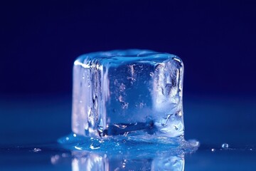 A Single Ice Cube Melting Slowly On Blue Background
