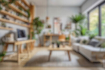 Fototapeta premium Blurred view of modern living room with sofa and soft bench. room interior with couch, armchair and coffee table or shelving units. stylish living room. comfortable workplace near big window.