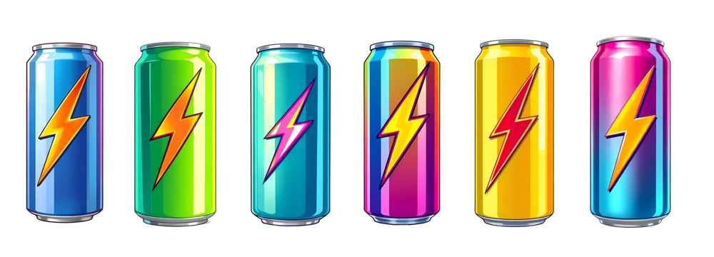 Set of energy drink cans isolated on transparent background 