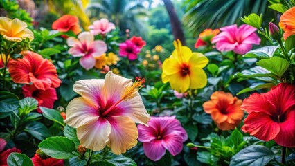 Obraz premium Colorful hibiscus flowers surrounded by lush greenery and vibrant foliage in a lush tropical garden, tropical, garden