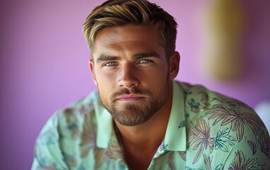 A man with a mustache and a floral shirt is smiling