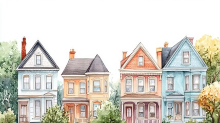 Naklejka premium architectural watercolor illustration of charming townhouses with varied facades, featuring detailed windows, doors, and rooflines in pastel hues