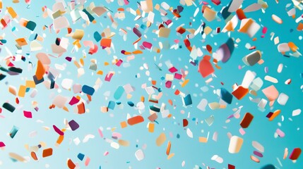 Multicolored panels scattered on a pale aqua blue gradient background, creating a fresh and airy feel.