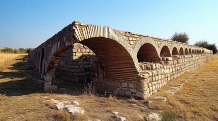 Ancient stone arches under blue sky in arid landscape