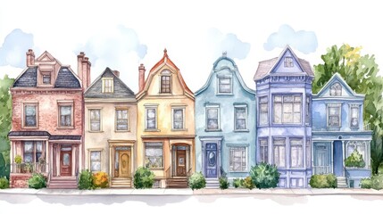 Fototapeta premium architectural watercolor illustration of charming townhouses with varied facades, featuring detailed windows, doors, and rooflines in pastel hues