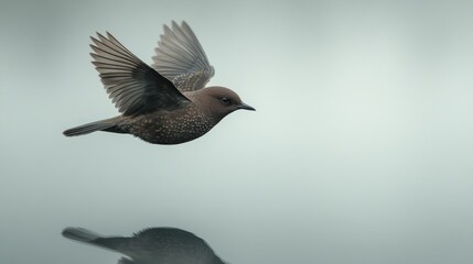 Fototapeta premium A small bird soars through the air above tranquil water, with its reflection visible on the surface during a peaceful morning. Soft light enhances the serene atmosphere