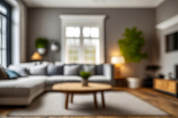 Blurred view of modern living room with sofa and soft bench. room interior with couch, armchair and coffee table or shelving units. stylish living room. comfortable workplace near big window.