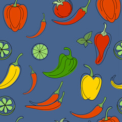 vector seamless pattern with colorful vegetables. Pepper, tomato, chilli, lime. For food packaging design, restaurant menu, cafe menus, product labels, kitchen decor. 