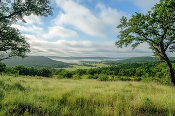 Obraz premium Serene valley landscape at sunrise