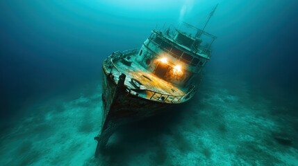 An awe-inspiring shipwreck rests eerily on the seabed, surrounded by the mesmerizing blue waters, inviting adventure and discovery beneath the ocean's surface.