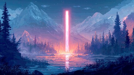 Fototapeta premium Pixel Art Landscape: Enchanting Night Scene with Pink Light Beam over Mountains and Lake
