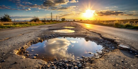 Fototapeta premium Sunset Reflection in Potholes on a Rural Road