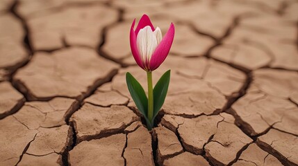 Global warming climate change concept. A resilient flower blooms from cracked earth, symbolizing hope and survival in adversity.