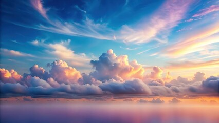 Fototapeta premium Soft pastel hues of dawn sky with fluffy white clouds gently drifting across blue atmosphere, serene landscape, soft dawn sky