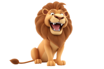 Cheerful cartoon lion sitting with wide smile and lively expression on its face