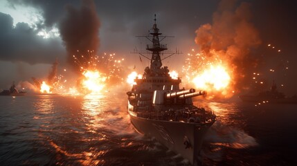 Fototapeta premium Warship in Combat with Explosions Under Starry Night