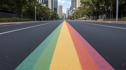On a bright, sunny day, a delicate LGBT rainbow road seamlessly weaves through the bustling city skyline, celebrating inclusivity and the vibrant spirit of urban life