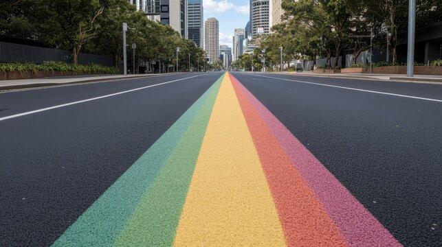 On a bright, sunny day, a delicate LGBT rainbow road seamlessly weaves through the bustling city skyline, celebrating inclusivity and the vibrant spirit of urban life