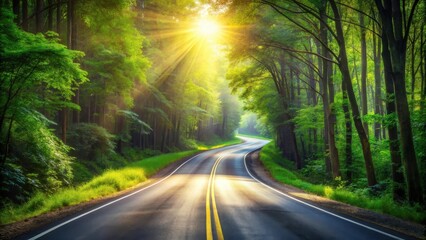 Obraz premium Sunlit Winding Road Through Lush Green Forest Canopy