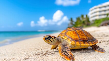 Obraz premium Sea Turtle Crawling on Sandy Beach Against Clear Blue Ocean