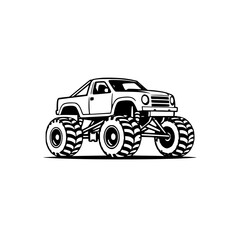 Mighty Monster Truck: A Black and White Vector Illustration of an Off-Road Vehicle. Perfect for automotive design, graphic projects, and more!