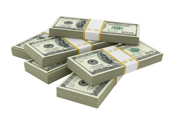 Neatly stacked bundles of US 100 bills with visible bank straps, isolated on a white background