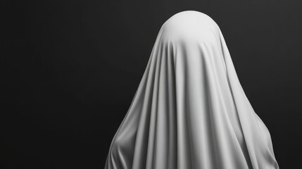Eerie ghost figure appearing mysterious and spectral against a dark, shadowy background creating an unsettling atmosphere that evokes fear and intrigue