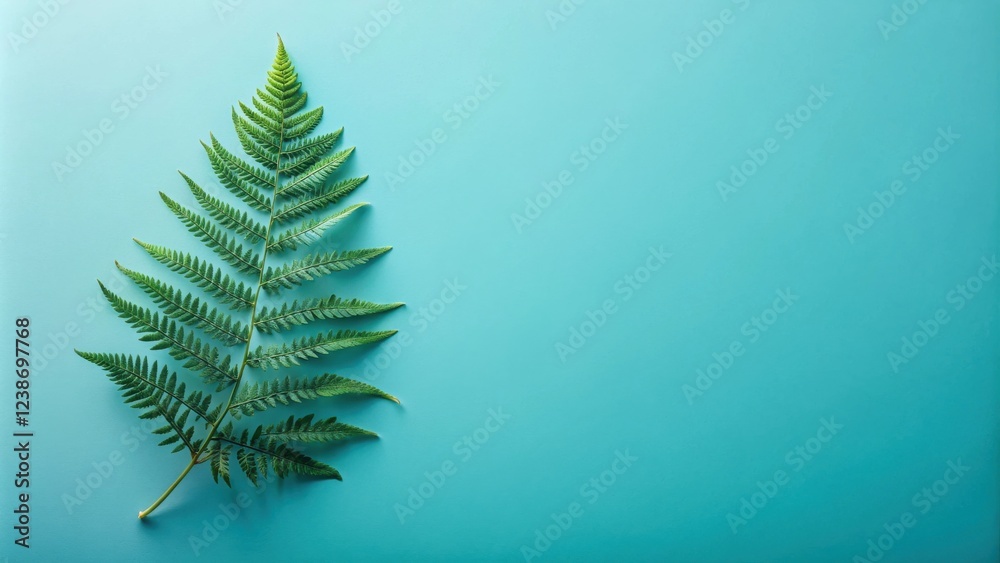 Poster single fern frond on a teal background, showcasing vibrant green foliage and ample copy space for te
