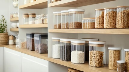 contemporary organized pantry with clear containers, labeled storage solutions, and minimal aesthetic in white and wood tones