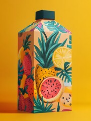 Obraz premium Vibrant Tropical Fruit Juice Carton with Bold Typography and Matte Finish Design
