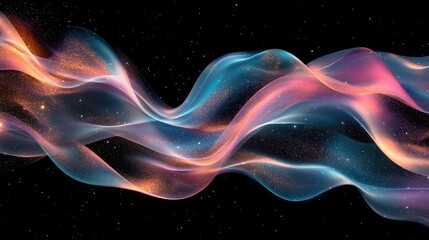 Obraz premium cosmic aurora-inspired digital abstract with flowing ribbons of teal and rose gold light, swirling against deep space black background