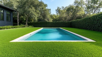 Modern black backyard featuring a refreshing pool surrounded by lush green grass, ideal for relaxation and summer activities under clear blue skies