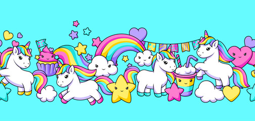 Obraz premium Pattern with unicorns. Happy birthday party background.