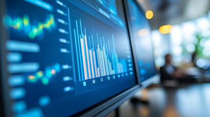 Colorful graphs and charts display financial metrics on screens while colleagues discuss strategies in a contemporary office setting