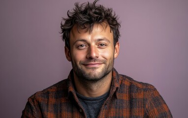 Fototapeta premium handsome man with a beard and a color shirt is smiling