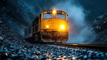 A dramatic scene of a yellow train surrounded by fog, creating a mystical atmosphere that captures the essence of adventure and the power of modern transportation.