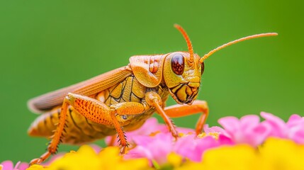 Close-Up of an Orange Grasshopper on Colorful Flower Petals