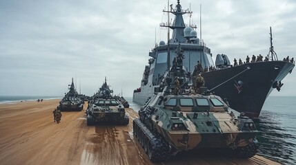 Fototapeta premium Coastal Warfare Amphibious Convoy Under Overcast Skies